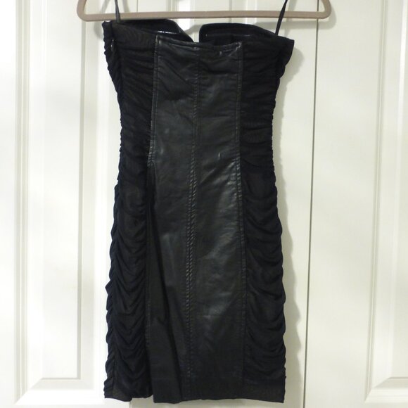 BEBE black ruched mesh and faux leather strapless tube dress - Picture 2 of 14